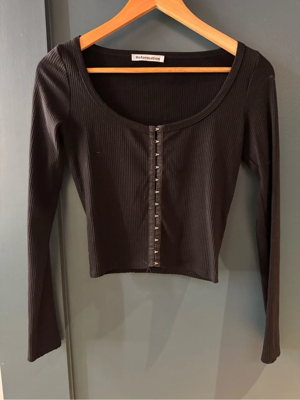 Reformation Black Square Neck Long Sleeve Bodysuit Size Small Corset Detail